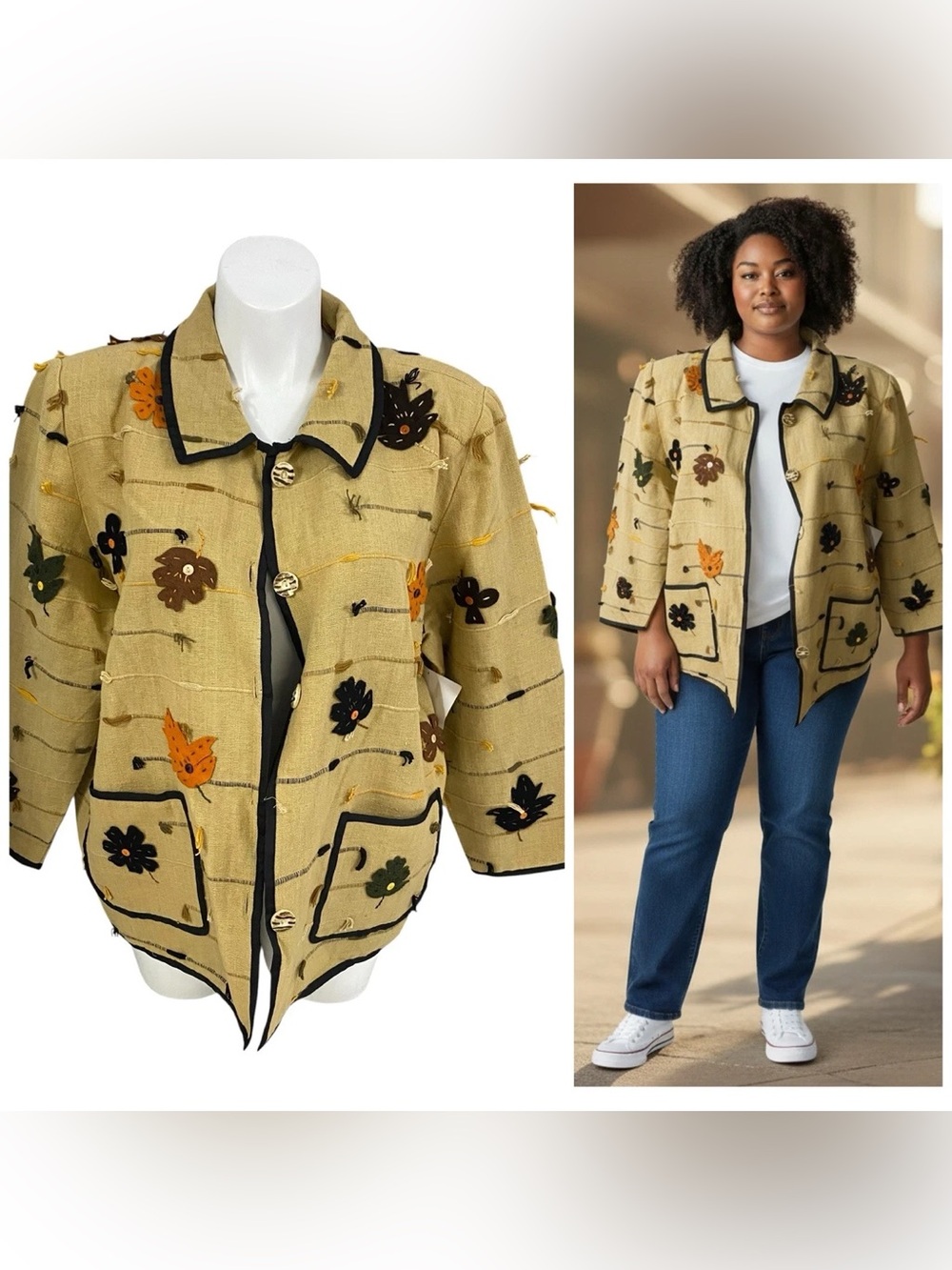Allure Vtg Woven Embroidered Fall Autumn Leaves Jacket in Tan size 26/28